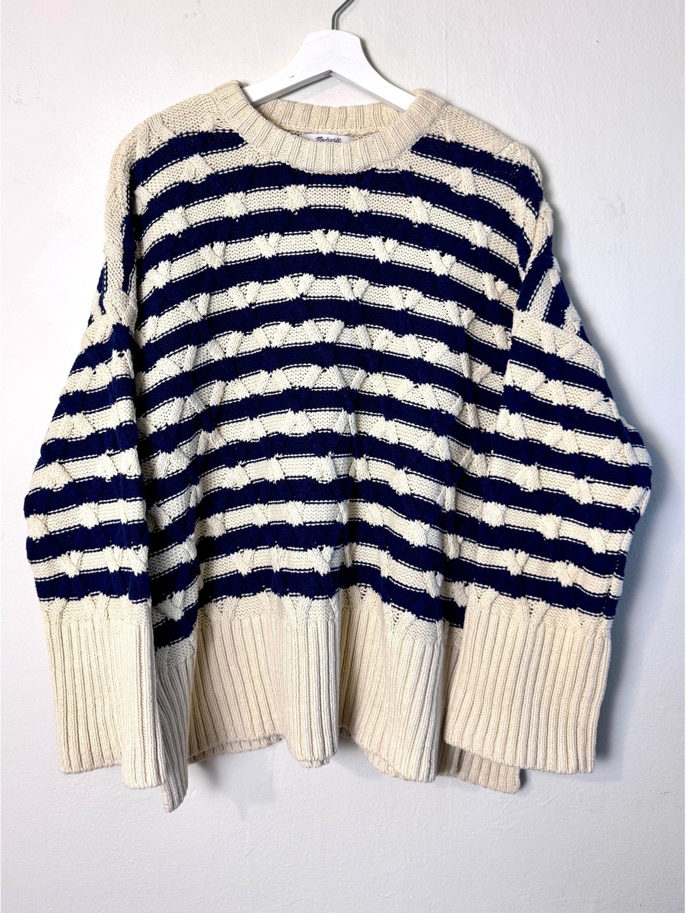 Madewell oversized cable-knit sweater navy cream stripe size L